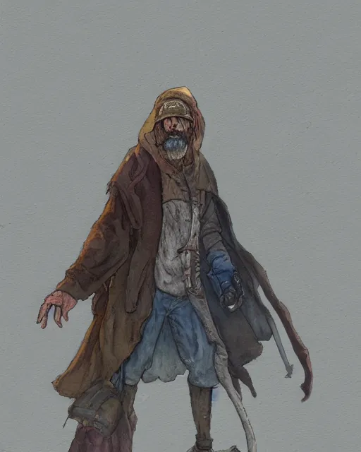 Prompt: a oil / watercolor painting full body character portrait of a homeless sorcerer in the style of moebius in the style of leonard boyarsky trending on artstation deviantart pinterest detailed photorealistic highlights and shadow hd 8 k post - processing high resolution