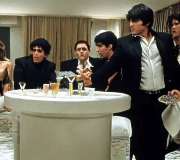 Image similar to film still of tony montana meeting the sopranos, scene directed by quintin tarantino.