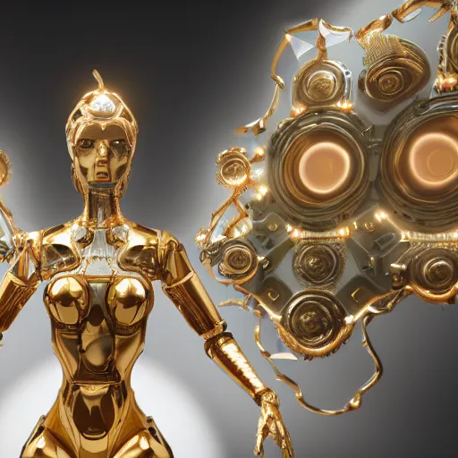 Prompt: octane render, a complex high poly cinematic 3 d model of a giant robotic android woman made out of white porcelain with complex golden inlays, jewel tone glowing eyes, fiber optic hair, inside a black and gold rococo palace, 8 k, unreal enging, cinema 4 d, cinematic angle