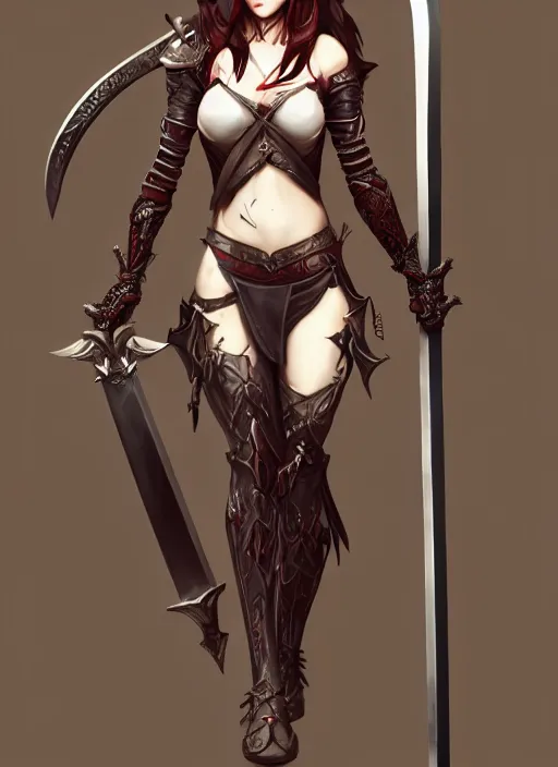 Image similar to full body portrait of a barefoot vampire swordswoman wearing heavy armor two - handed sword, lithe, athletic, absurdly beautiful, detailed, anatomically accurate, guweiz, z. w. gu on artstation, 4 k.