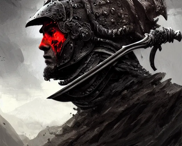 Prompt: realistic side view photo of a king in the mountains, angry, beautiful face, handsome, black iron armour, sword, lava, dust and blood, dark environment, action fantasy, dark, wide angle, dramatic lighting, intricate, wild, highly detailed, digital painting, artstation, concept art, smooth, sharp focus, illustration