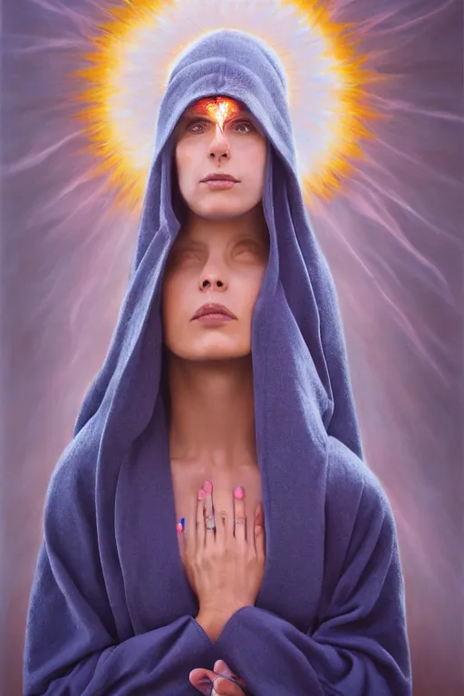 Image similar to transcendental meditation hooded robed cult woman, opening third eye, chakra energy waves resonating from her body, ethereal aura, epic surrealism 8k oil painting, portrait, perspective, high definition, post modernist layering, by Peter Kemp