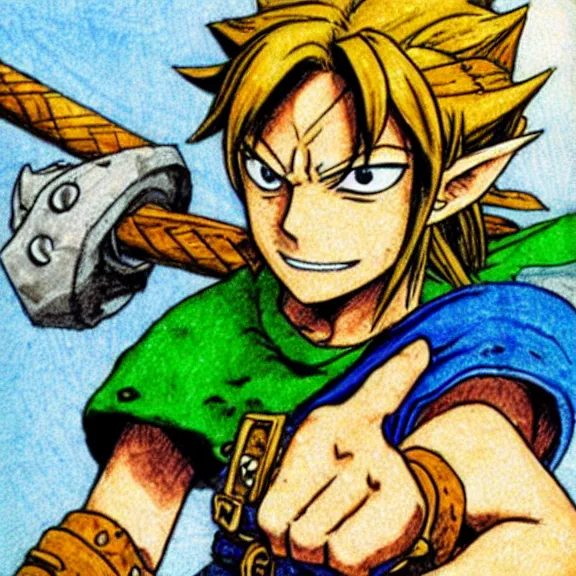 Prompt: link from legend of zelda, drawn by eiichiro oda, one piece, luffy face