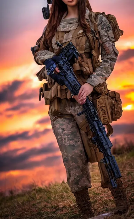 Image similar to highly detailed, high resolution, cosplay photo, stunning, real world, real sunset, in the middle of the battlefield, girls frontline style, bokeh soft, 100mm, trending on instagram, by professional photographer, featuring picciolina airsoftgirl, realistic anatomy, realistic military carrier, soldier clothing, modern warfare, realistic rifle