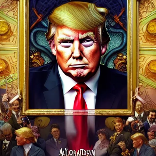 Image similar to full portrait of donald trump as mayor humdinger, fantasy, d & d, intricate, detailed, by by alphonse mucha, adolfo hohenstein, alice russell glenny, stanley artgerm lau, greg rutkowski, detailed, trending on artstation, trending on artstation, smooth