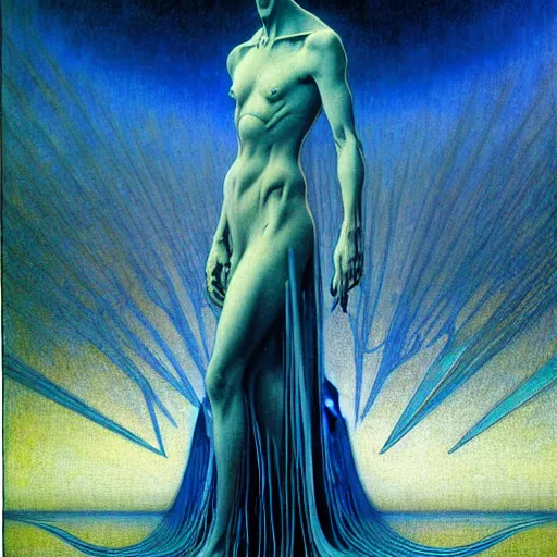 Prompt: realistic extremely detailed portrait painting of a ghost silhouette, futuristic sci-fi landscape on background by Jean Delville, Amano, Yves Tanguy, Alphonse Mucha, Ernst Haeckel, Edward Robert Hughes, Roger Dean, rich moody colours, blue eyes