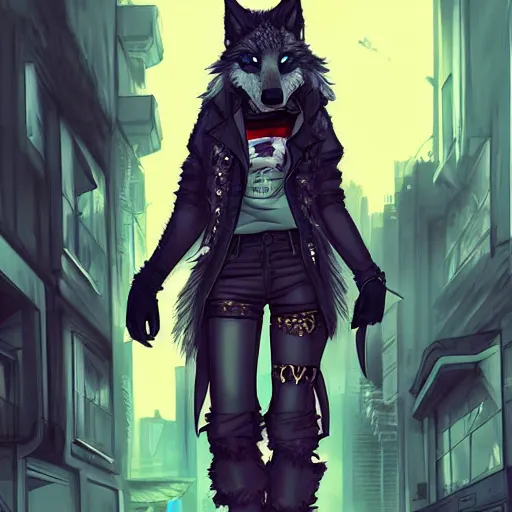 Image similar to beautiful furry art portrait commission of a furry anthro wolf fursona wearing punk clothes in the streets of a cyberpunk city. character design by charlie bowater, ross tran, rick griffin, miles df, detailed, inked, western comic book art