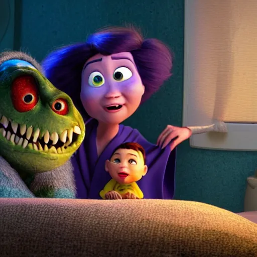 Prompt: pixar movie, a family in cult robes with an evil monstrous demonic creature, ray tracing lighting, ultra - sharp, photorealistic
