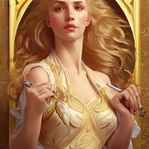 Prompt: ultra realistic illustration, a hot and beautiful blonde slavic woman in her 3 0's, intricate, elegant, highly detailed, digital painting, artstation, concept art, smooth, sharp focus, illustration, art by artgerm and greg rutkowski and alphonse mucha