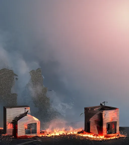 Image similar to melting, plastic house, on fire, cinematic lighting, highly detailed 8 k