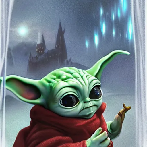 Prompt: (The Mirror of Erised) reflecting an extremely cute (baby yoda Grogu), scifi fantasy, realistic, hyperdetailed, UE5, Harry Potter