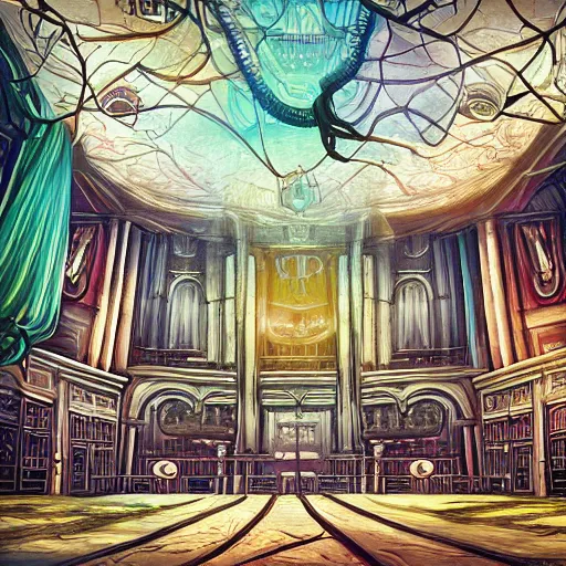 Image similar to eldritch legislature, fantasy illustration, realistic colorful photography, interior, hyperrealism