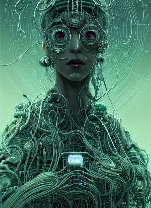 Image similar to highly detailed portrait of a biopunk long curly white hair tribal lady, stray wiring by atey ghailan, james gilleard, by joe fenton, by greg rutkowski, by greg tocchini, by kaethe butcher, 4 k resolution, gradient green, black and white color scheme!!! ( ( irradiated robotic pyramid landscape background ) )