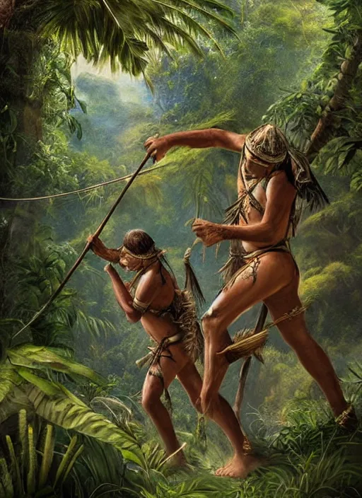 Prompt: two indigenous people hunting together in the jungle, fantasy art, highly detailed, matte painting