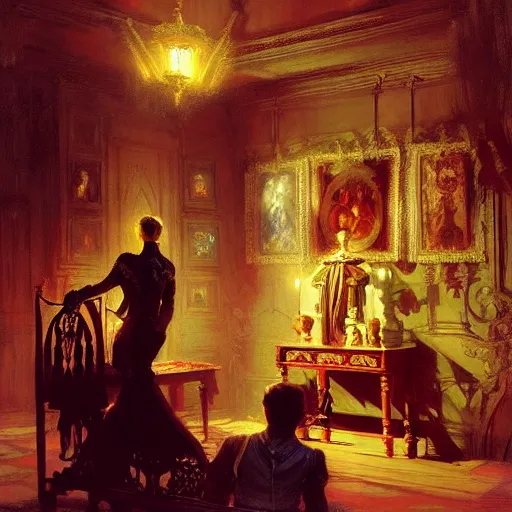 Image similar to inside the haunted mansion. highly detailed painting by gaston bussiere, craig mullins, j. c. leyendecker 8 k