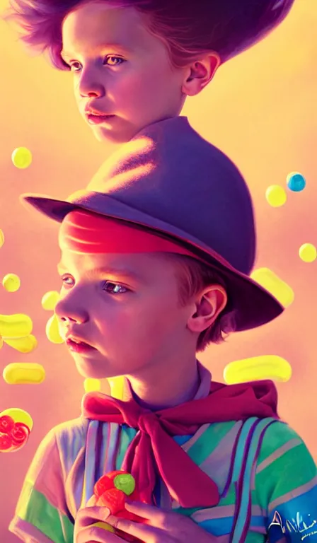 Prompt: illustration of a child in a world made of candy from willy wonka, portrait, sharp focus, digital art, concept art, dynamic lighting, by emylie boivin, anna dittmann, mark arian, marc davis, and sandra chevrier