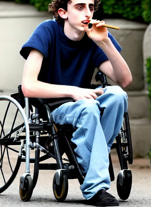 Image similar to timothee chalamet smoking a joint sitting in a wheel chair, photo, realistic