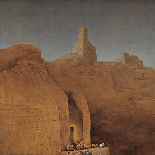 Prompt: the rock-cut Nabataean tombs of the scaled people of Ganat in the aftermath of the death of Sultana Qhisha, painting by Rembrandt and Beksinski