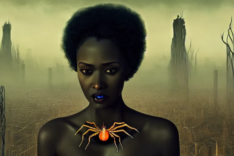 Image similar to realistic detailed photorealistic portrait movie shot of a beautiful black woman with a giant spider, dystopian city landscape background by denis villeneuve, amano, yves tanguy, alphonse mucha, ernst haeckel, david lynch, edward robert hughes, roger dean, cyber necklace, rich moody colours, cyber patterns, wide angle