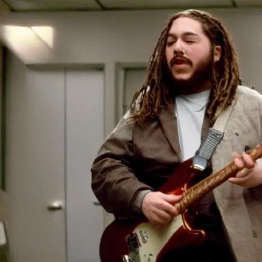 Image similar to a film still of Post Malone starring as Dewey Finn in School Of Rock (2003)