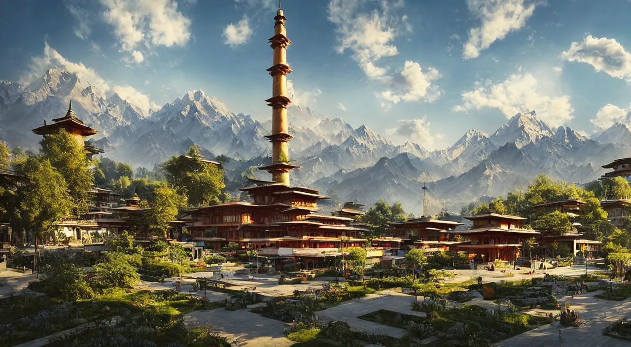 Prompt: retrofutristic city under kashmir mountains, wooden pagodas and mosques, little wood bridge, painting of tower ivy plant in marble late afternoon light, wispy clouds in a blue sky, by frank lloyd wright and greg rutkowski and ruan jia