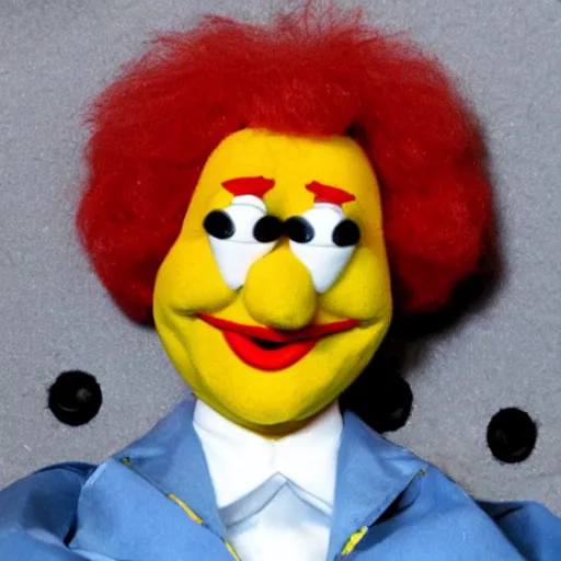 Image similar to Ronald McDonald as a muppet, testifying on trial