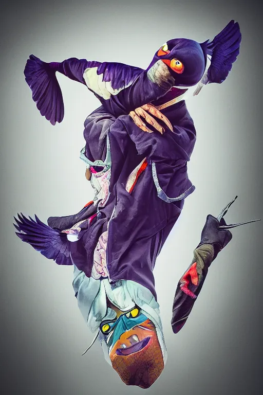 Image similar to a portrait of a pigeon ninja, in the style of david lachapelle