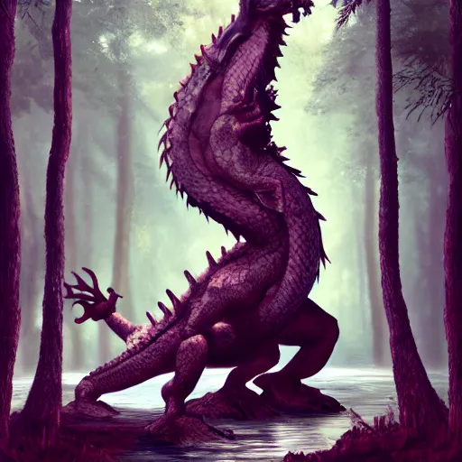 Image similar to a gargantuan dragon idly standing in a forest, peacefully drinking river water, trending on artstation, digital art, 4 k quality