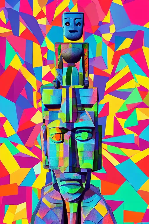 Image similar to cubist moai statue cutout digital illustration cartoon colorful beeple