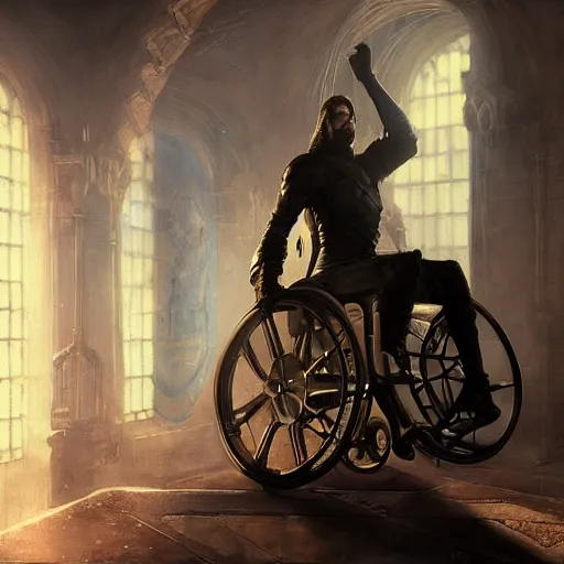 Image similar to handsome portrait of a wheelchair guy fitness posing, radiant light, caustics, heroic, smooth, one legged amputee, bloodborne gehrnan, by gaston bussiere, bayard wu, greg rutkowski, giger, maxim verehin