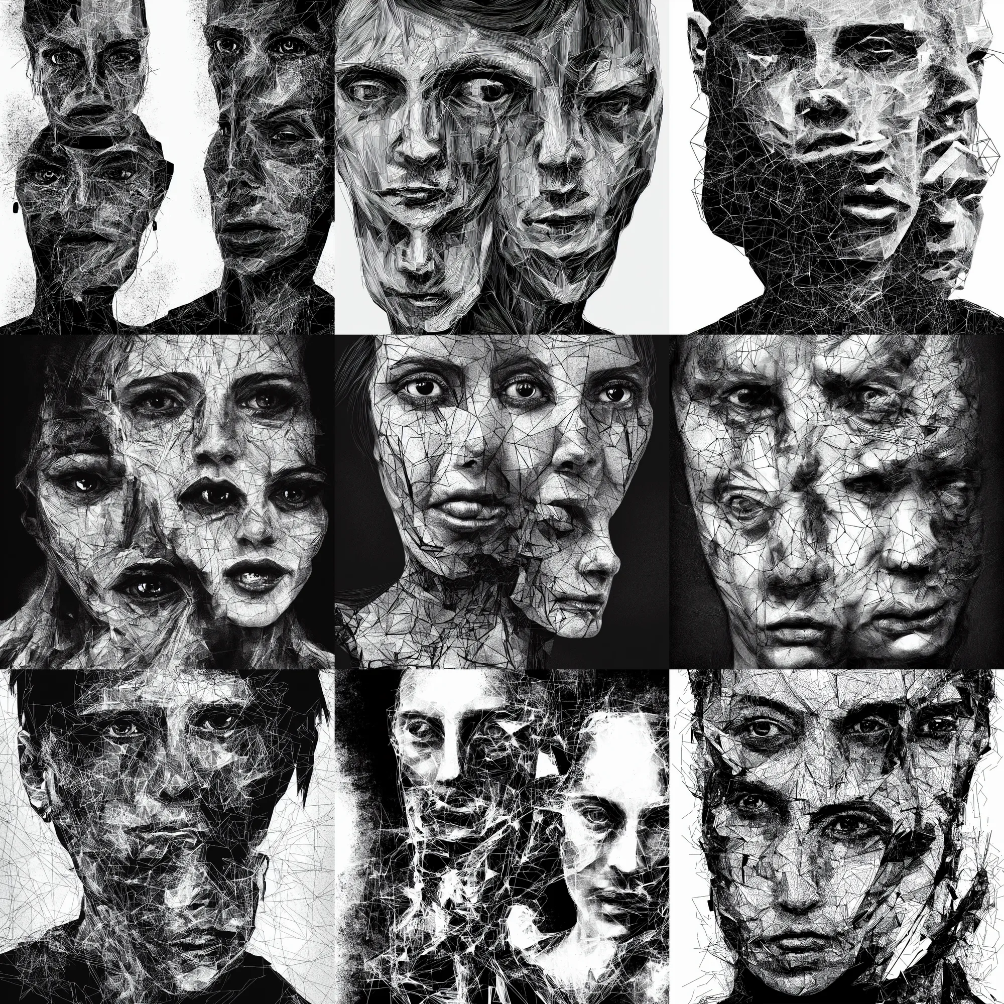 Prompt: vector line drawing portrait of an android artificial intelligence, extreme photographic detail by lee jeffries