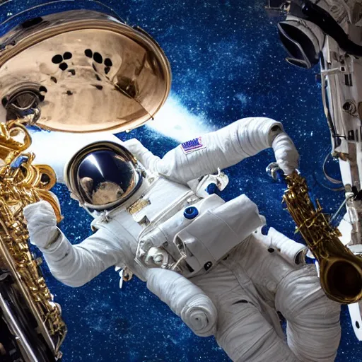 Image similar to astronaut doing jazz saxophone improvisation, 4k photography, space