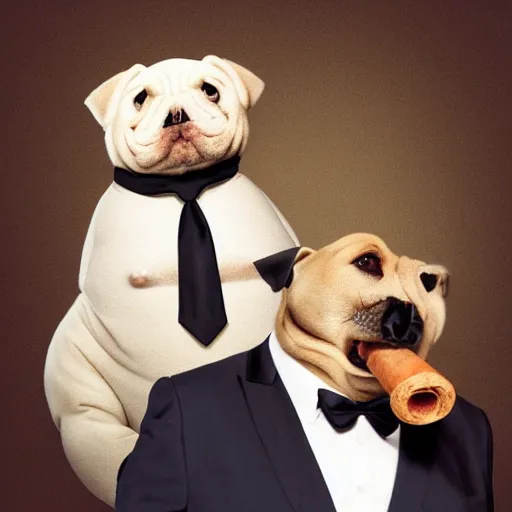 Prompt: anthropomorphic fat dog wearing a suit and smoking a cigar, portrait photo by annie leibovitz