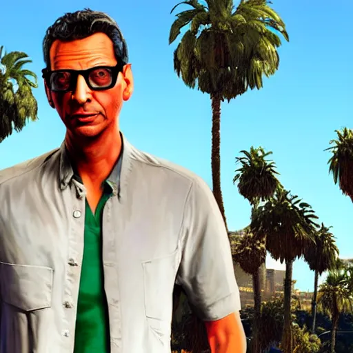 Prompt: Jeff Goldblum in GTA v. Los Santos in the background, palm trees. In the art style of Stephen Bliss