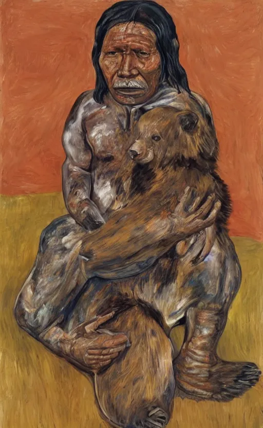 Image similar to full body shot picture of indigenous people leader leaning on a bear, painted by lucian freud, hd, super detailed, realistic, muted colors