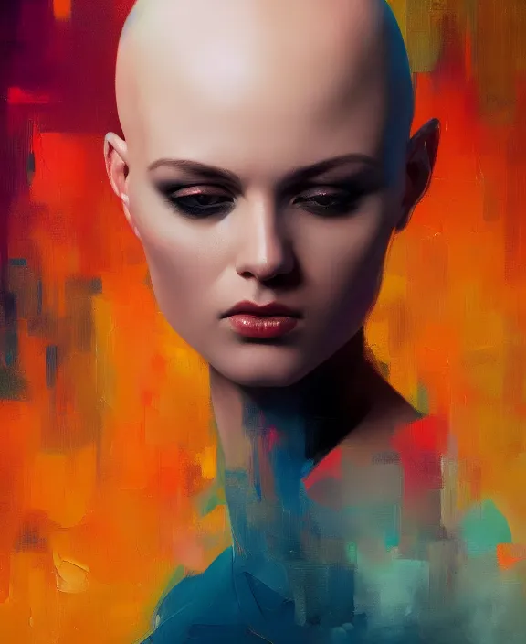 Prompt: fantastic extraordinary beautiful women with bald head into fluid infinity variations of colours mass, close - up, piotr jablonski, jeff dekal, jeff simpson, intricate details, hyperrealistic oil painting on canvas, deep depth field, hd, hdr, 4 k, 8 k