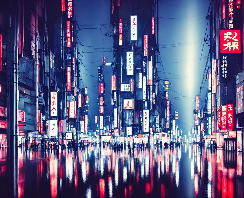 Image similar to beautiful!!! overwhelming!!!!! studio photograph of japan at night, raining, long reflective street, beautiful tall luxurious neon buildings with advertisements, cars and crowd, traffic lights, dense intense atmosphere!!! stunning composition, moon rays, beautiful calming atmosphere, studio level quality, photography, hyperdetailed