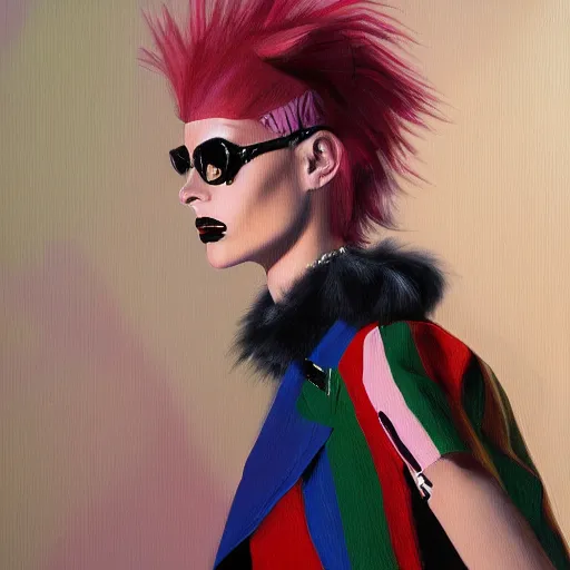 Prompt: 1980 punk fashion, gucci catwalk, oil painting, digital art, ultradetailed, artstation