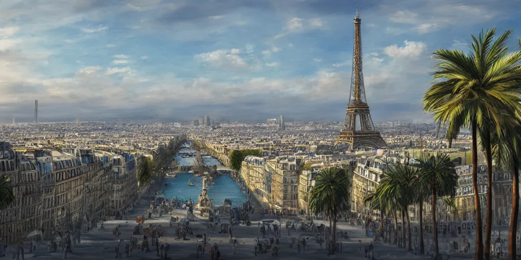 Prompt: the beautiful city of paris rebuilt near the ocean in sunny california, beach view, palm trees, splendid haussmann architecture, wonderful eiffel tower, digital painting, highly detailed, intricate, concept art, matte painting, trending on artstation