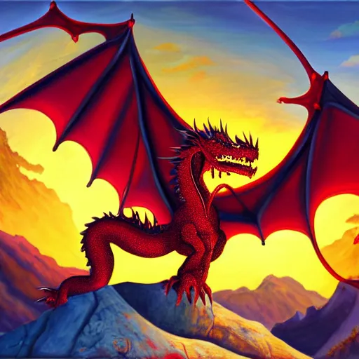 Image similar to a very detailed painting of a crimson dragon spitting out hot blue flames out of it's mouth while on top a mountain under the beautiful setting sun