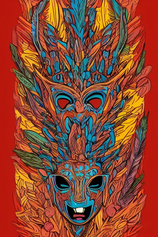 Image similar to animal mask totem roots flower tribal feather gemstone plant wood rock shaman vodoo video game vector cutout illustration vivid multicolor borderlands comics by josan gonzales and dan mumford radiating a glowing aura