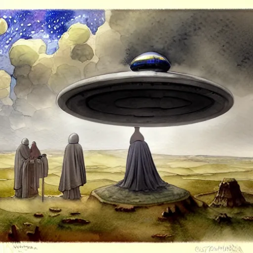 Image similar to a hyperrealist watercolor concept art of a giant ufo in the sky above gobekli tepe during a thunderstorm. a medieval monk in grey robes is in the foreground. very muted colors, by rebecca guay, michael kaluta, charles vess. high detail, hq, wide shot, 4 k