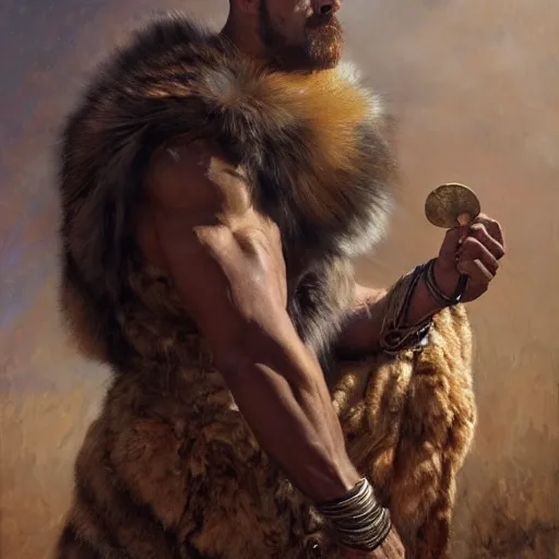 Prompt: handsome portrait of a spartan guy bodybuilder posing, wearing animal fur cape, radiant light, caustics, by gaston bussiere, bayard wu, greg rutkowski, giger, maxim verehin