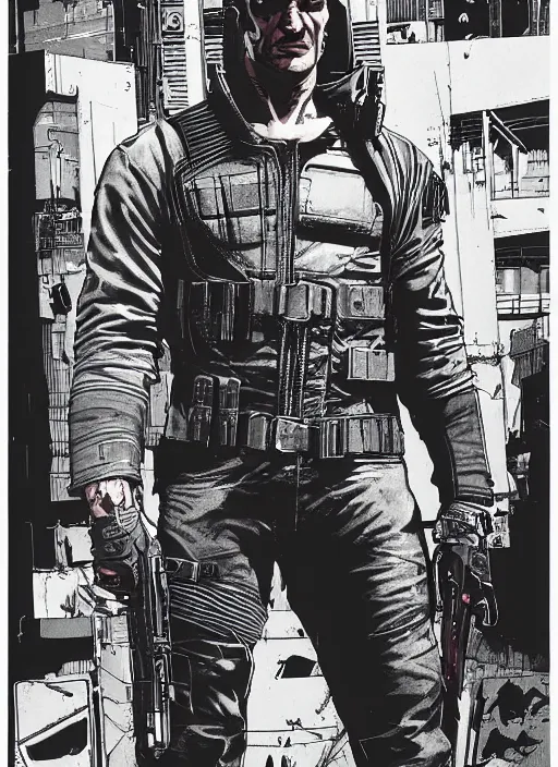 Prompt: the punisher. cyberpunk mercenary in tactical harness and jumpsuit. spin kick. portrait by stonehouse and mœbius and will eisner and gil elvgren and pixar. realistic proportions. dystopian. cyberpunk 2 0 7 7, apex, blade runner 2 0 4 9 concept art. cel shading. attractive face. thick lines.