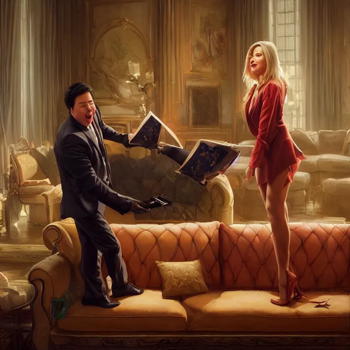 Image similar to portrait of michael mcintyre leaving on a sofa with a singing waitress, elegant, real life skin, intricate artwork, high detailed, artstation, concept art, smooth, sharpz focus, art by artgerm and greg rutkowski