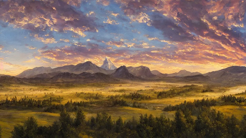 Image similar to The most beautiful panoramic landscape, oil painting, where the mountains are towering over the valley below their peaks shrouded in mist. An enormous flock of birds is coming, The sun is just peeking over the horizon producing an awesome flare and the sky is ablaze with warm colors and stratus clouds. The river is winding its way through the valley and the trees are starting to turn yellow and red, by Greg Rutkowski, aerial view