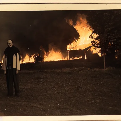 Prompt: photograph of a small protestant church burning, john paul ii standing in front of it, night, pitch black