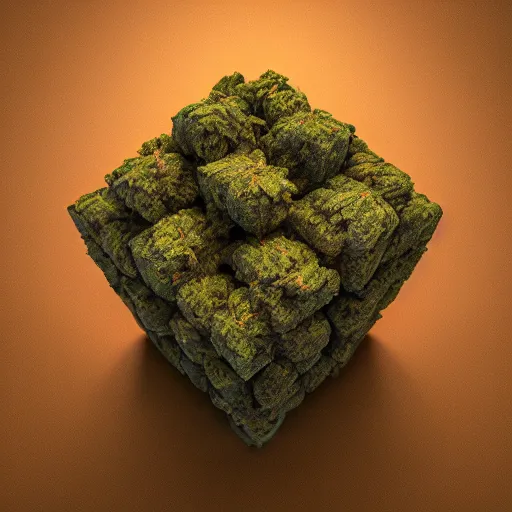 Image similar to a perfect cube made of cannabis marijuana, beautiful, octane render, nug pic, ray tracing, 8 k, unreal engine 5