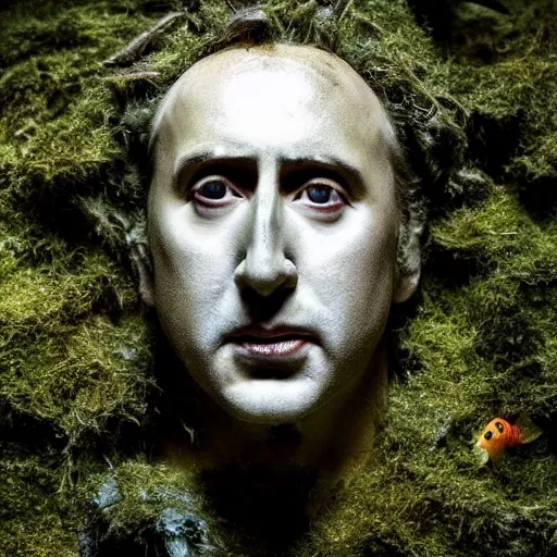 Image similar to Award-winning photograph by Mar Mann. The photo depicts a decaying roman bust of Nicolas Cage overgrown with moss at the bottom of the sea. Minimalism, high definition, perfect composition. Deep sea picture. Very dark. Volumetric Lighting. Fish. Darkness. Ruins