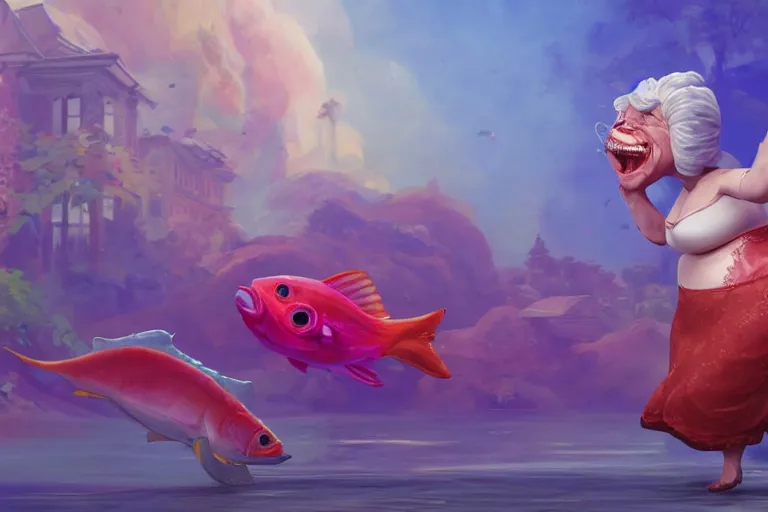 Image similar to of a very beautiful scene. ambient occlusion render. a sweet fat old woman is dancing with a huge colorful fish. hyper realistic. 4 k. wide angle. romantic mood. symmetrical face, red mouth, blue eyes. deep focus, lovely scene. ambient occlusion render. concept art. artstation. unreal engine.